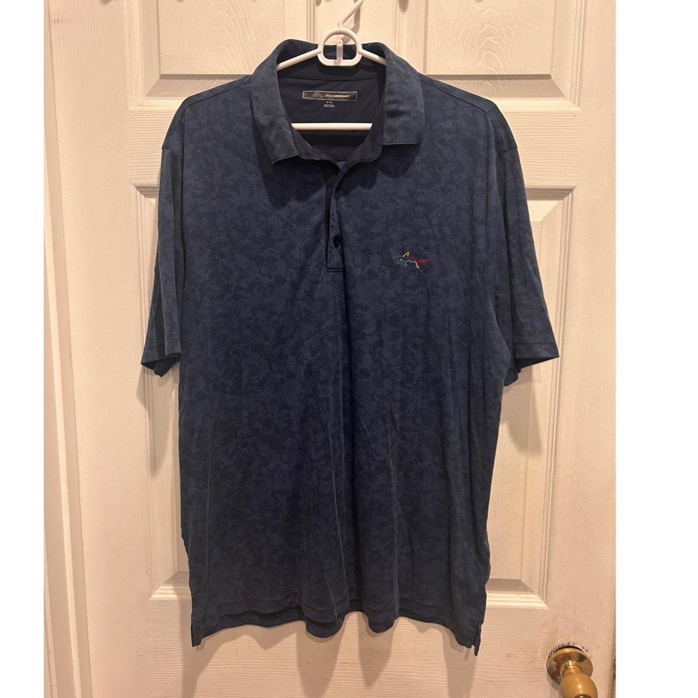 Greg Norman Shark Logo Blue Tonal Camo Pima Cotton Blend Golf Polo Shirt Mens XL